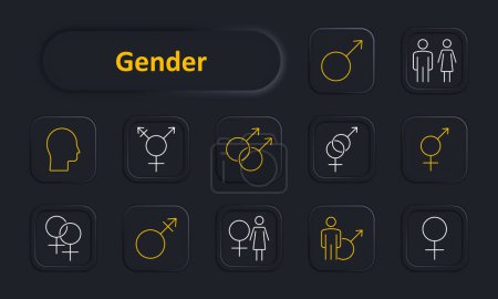 Gender set icon. Male, female, transgender, non-binary, gender symbols, head, couple, equality. Gender identity and diversity concept. Vector line icon on dark background.
