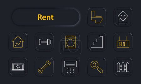 Rent set icon. Growth house, dumbbell, washing machine, staircase, rent sign, fireplace, wrench, air conditioner, search home, fence. Property, leasing, rental services concept.