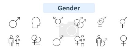 Icono de género. Hombre, mujer, transgénero, no binario, intersexual, perfil, pareja, símbolos. Identidad, igualdad, diversidad, concepto de roles de género.
