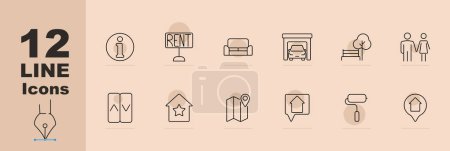 Real estate and property set icons including information sign, rent sign, living room, garage, park bench, couple, map, location pin, paint roller, and house. Vector line icons on a beige background.