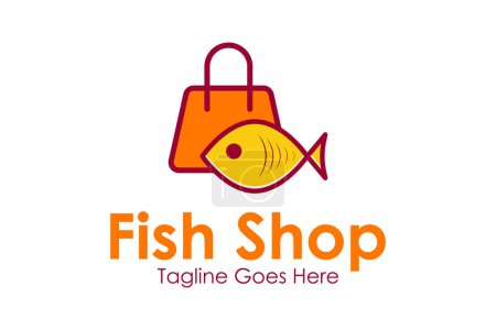 Téléchargez les illustrations : Modèle de conception de logo de magasin de poisson avec une icône de poisson et sac fourre-tout. Parfait pour affaires, entreprise, mobile, application, restaurant, etc. - en licence libre de droit