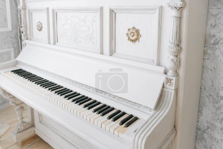 Elegant white piano with intricate carvings and vintage details, showcasing its classic beauty. Keys display slight wear, adding to the charm. Soft natural light highlights the delicate design.