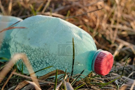 Photo for Crumpled plastic bottle covered with ice and snow in frozen dry grass. Green with red bottle cap. Plastic waste left in nature. - Royalty Free Image