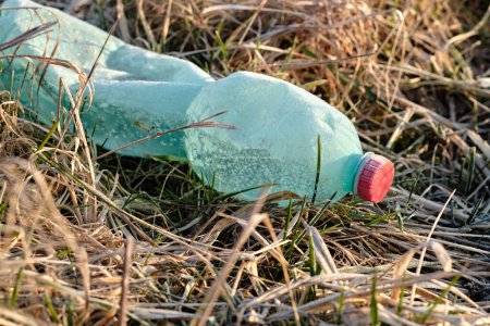 Photo for Crumpled plastic bottle covered with ice and snow in frozen dry grass. Green with red bottle cap. Plastic waste left in nature. Close up shot. - Royalty Free Image