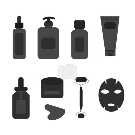 Illustration Vektor-Set Symbole Netzwerk Kosmetik Bank Creme Maske Kosmetikerin Schwarze Creme Shampoo Spender Gesichtscreme Öl Serum Kosmetiker Mann