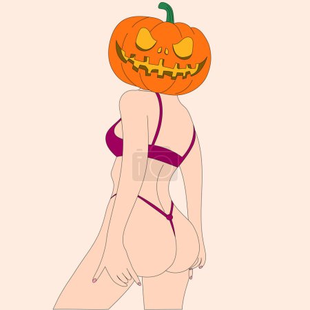 Illustration for A girl in a bikini and a pumpkin head Halloween - Royalty Free Image