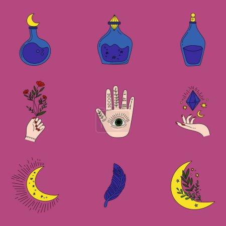Téléchargez les illustrations : Symboles magiques et alchimiques Contour Dessin Lune de main - en licence libre de droit
