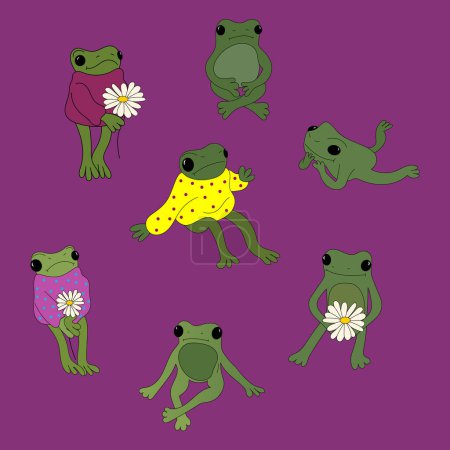 Téléchargez les illustrations : Un ensemble de grenouilles mignonnes avec des fleurs dessinées à la main - en licence libre de droit