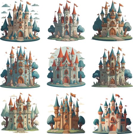 Téléchargez les illustrations : Bel ensemble fantastique de châteaux d'elfes vecteur. Illustration vectorielle - en licence libre de droit