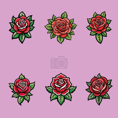 Beautiful old school tattoo roses collection. Old school tattoo roses set. Vector elements collection. Traditional american tattoo flowers. Vector illustration