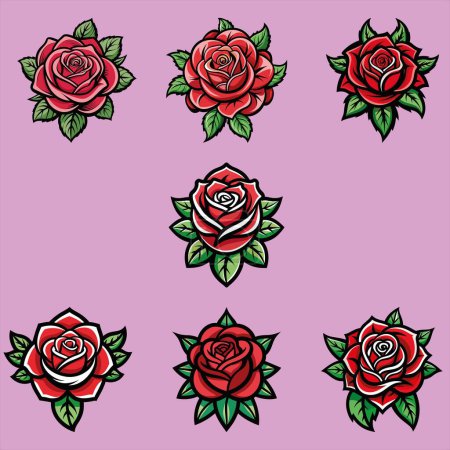 Gorgeous old school tattoo roses collection. Old school tattoo roses set. Vector elements collection. Traditional american tattoo flowers. Vector illustration