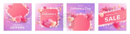 Valentine's Day light bulb style square banner templates. Vector illustration with hearts and pastel background. Suitable for social media post and web internet ads.