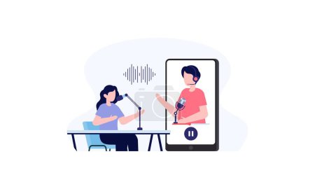 Illustration for Podcast concept. Illustration about podcasting. Podcaster speaking in microphone illustration - Royalty Free Image