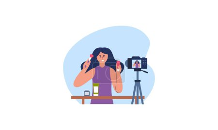 Illustration for Beauty blogger recording makeup tutorial video for her vlog illustration - Royalty Free Image