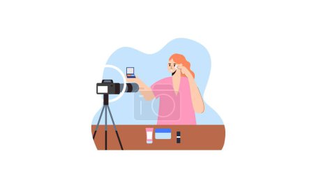 Téléchargez les illustrations : Blogueuse beauté enregistrement tutoriel maquillage vidéo pour son illustration vlog - en licence libre de droit