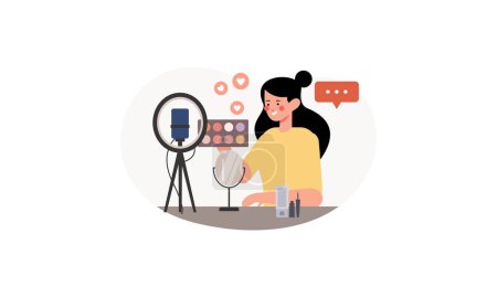 Téléchargez les illustrations : Blogueuse beauté enregistrement tutoriel maquillage vidéo pour son illustration vlog - en licence libre de droit