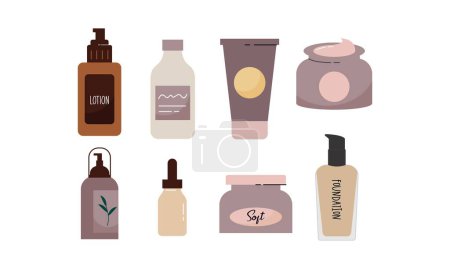 Ilustración de Conjunto de cosméticos orgánicos y artículos de maquillaje en botellas, tubos y frascos logotipo - Imagen libre de derechos