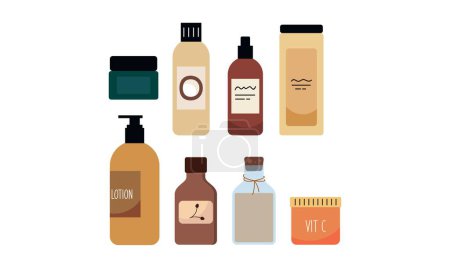 Illustration for Set of organic cosmetics and makeup items in bottles, tubes and jars logo - Royalty Free Image