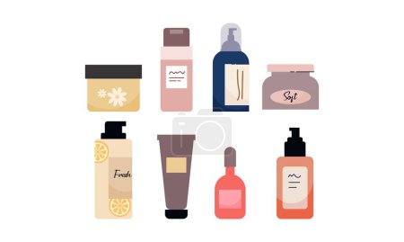 Téléchargez les illustrations : Ensemble de cosmétiques et de maquillage bio en bouteilles, tubes et bocaux logo - en licence libre de droit