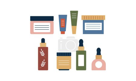 Illustration for Set of organic cosmetics and makeup items in bottles, tubes and jars logo - Royalty Free Image