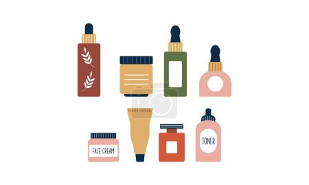 Téléchargez les illustrations : Ensemble de cosmétiques et de maquillage bio en bouteilles, tubes et bocaux logo - en licence libre de droit
