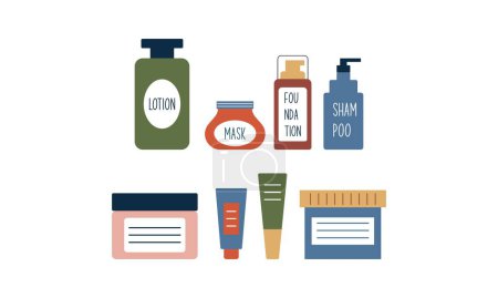 Ilustración de Conjunto de cosméticos orgánicos y artículos de maquillaje en botellas, tubos y frascos logotipo - Imagen libre de derechos