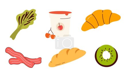 Illustration for Set of groceries healthy food illustration. Bread, flour, dairy products, olive oil and butter colle - Royalty Free Image