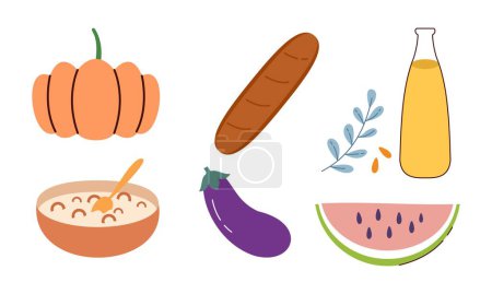 Ilustración de Conjunto de alimentos alimentos saludables ilustración. Pan, harina, productos lácteos, aceite de oliva y colle de mantequilla - Imagen libre de derechos