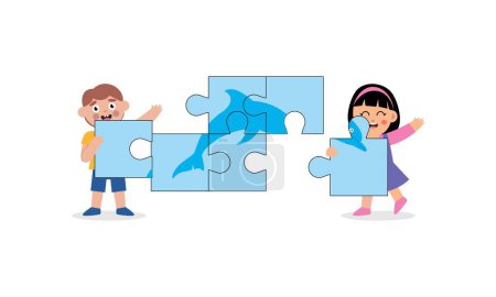 Téléchargez les illustrations : Joyeux petit garçon mignon et fille jouer ensemble pour faire une grande illustration de puzzle - en licence libre de droit