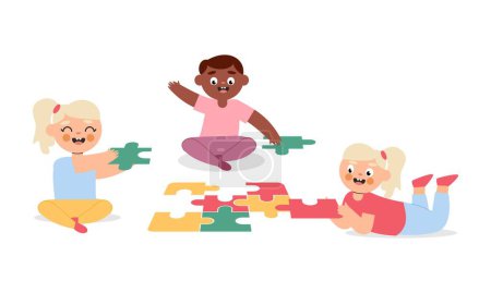 Téléchargez les illustrations : Joyeux petit garçon mignon et fille jouer ensemble pour faire une grande illustration de puzzle - en licence libre de droit