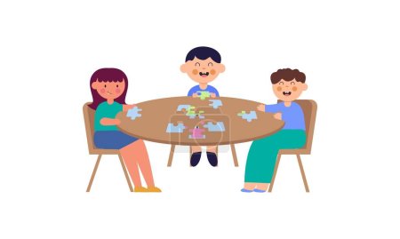 Happy cute little kids play jigsaw puzzle illustration