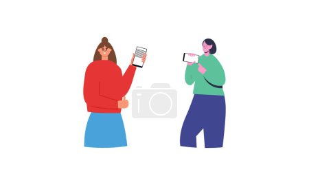 Ilustración de Gente feliz mostrando ilustración de pantallas de teléfonos móviles - Imagen libre de derechos