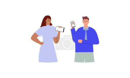 Ilustración de Gente feliz mostrando ilustración de pantallas de teléfonos móviles - Imagen libre de derechos