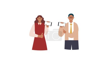 Illustration for Happy people showing mobile phone screens illustration - Royalty Free Image