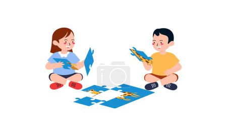 Téléchargez les illustrations : Joyeux mignons petits enfants jouent puzzle illustration - en licence libre de droit