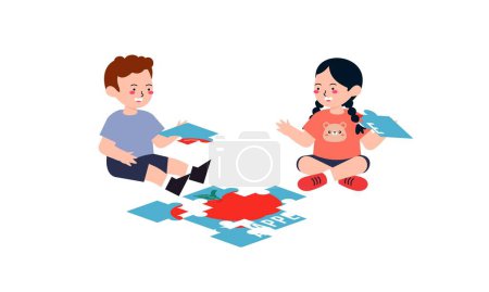 Illustration for Happy cute little kids play jigsaw puzzle illustration - Royalty Free Image