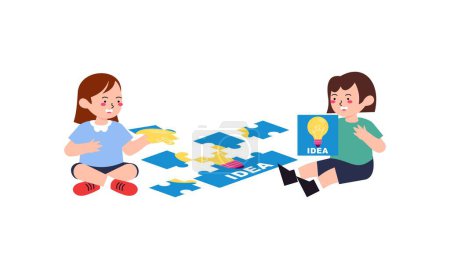 Téléchargez les illustrations : Joyeux mignons petits enfants jouent puzzle illustration - en licence libre de droit