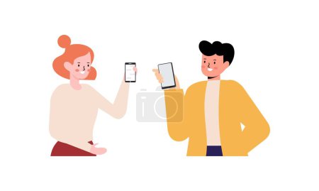 Illustration for Happy people showing mobile phone screens illustration - Royalty Free Image