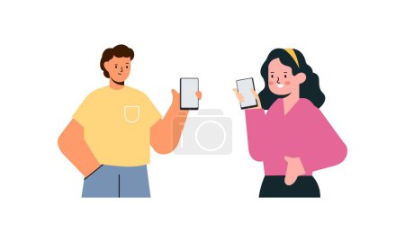Téléchargez les illustrations : Des gens heureux montrant l'illustration des écrans de téléphone mobile - en licence libre de droit
