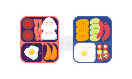 Bento-Box-Logo. Japanische Lunchbox. Verschiedene traditionelle asiatische Lebensmittel Cartoon-Stil