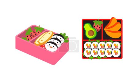 Illustration for Bento box logo. Japanese lunch box. Various traditional asian food cartoon style - Royalty Free Image