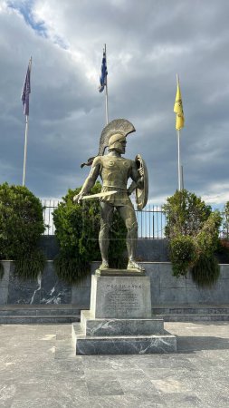 Photo for Statue of Leonidas in Sparta city, Laconia. An impressive bronze monument of the legendary King of Sparta at the entrance of the Archeological site in the Peloponnese. Greece. - Royalty Free Image