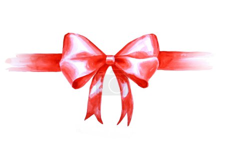 Photo for Orange-red gift bow of satin ribbon on white background. Watercolor hand drawing of classic silk bow, decorative element for holiday and celebration. Festive double bow with twist tie. - Royalty Free Image