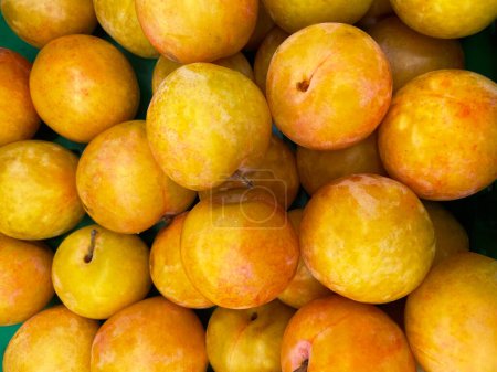 Yellow plums close up as a background at a Greek market. Healthy and tasty food. Biological product.