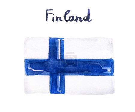 Acuarela bandera nacional de Finlandia. Sobre un fondo blanco hay una cruz azul escandinava, que representa el cristianismo. Una cruz escandinava azul náutica en un campo blanco. Dibujado a mano.
