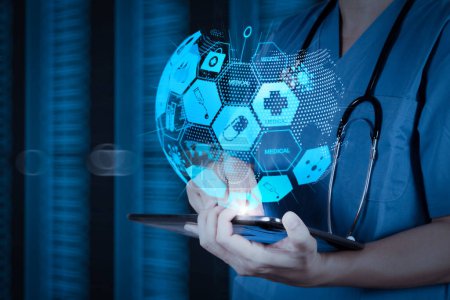 Photo for Health care and medical services concept with world or global form and AR interface.Doctor working on a digital tablet with digital background as concept - Royalty Free Image