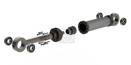 Hydraulic cylinder high pressure exploded view 3D rendering on white background