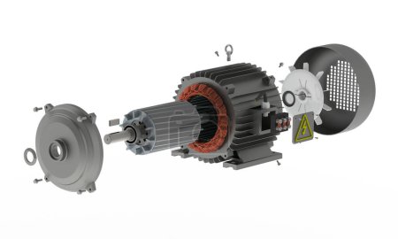 Electric motor, exploded view 3D rendering isolated on white background