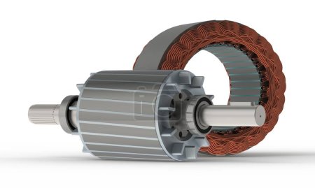 Stator and rotor for electric motor, 3D rendering on white background