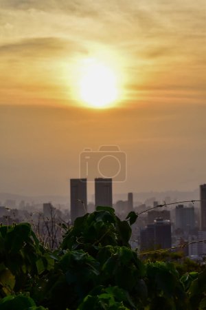 Aerial view of skyline of Taipei city with beautiful sun at sunset from Xiangshan Elephant Mountain. Beautiful landscape and cityscape of Taipei downtown and beautiful nature scene.